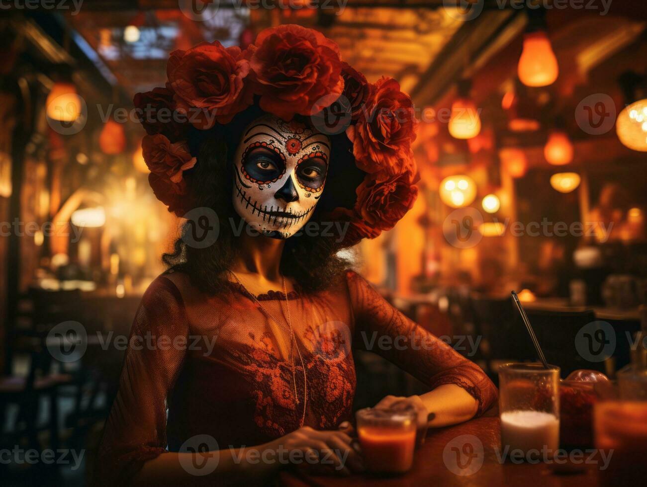 donna nel vivace Calavera trucco celebra il giorno di morto ai generativo foto