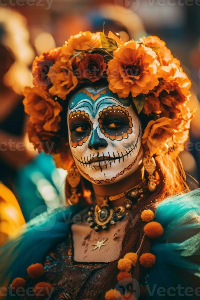 donna nel vivace Calavera trucco celebra il giorno di morto ai generativo foto