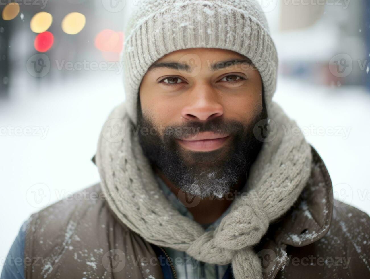 africano americano uomo gode il inverno nevoso giorno nel giocoso emotivo dinamico posa ai generativo foto