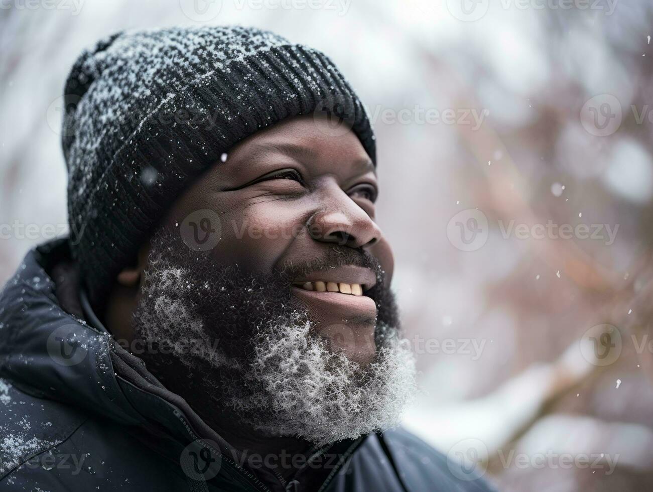 africano americano uomo gode il inverno nevoso giorno nel giocoso emotivo dinamico posa ai generativo foto