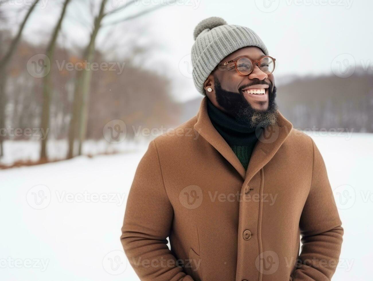 africano americano uomo gode il inverno nevoso giorno nel giocoso emotivo dinamico posa ai generativo foto