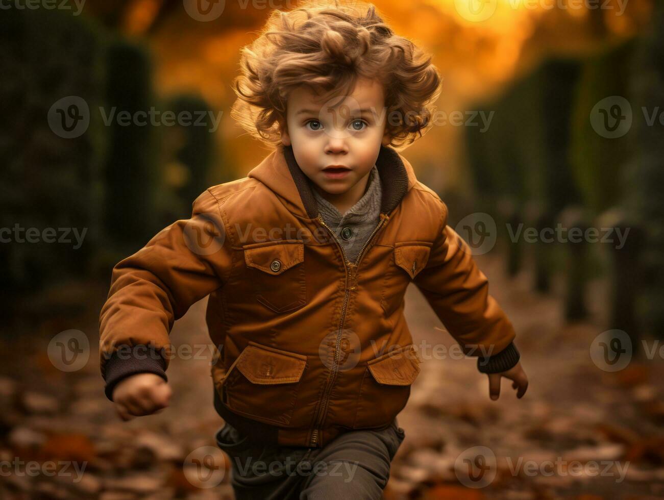 europeo ragazzo nel giocoso emotivo dinamico posa su autunno sfondo ai generativo foto