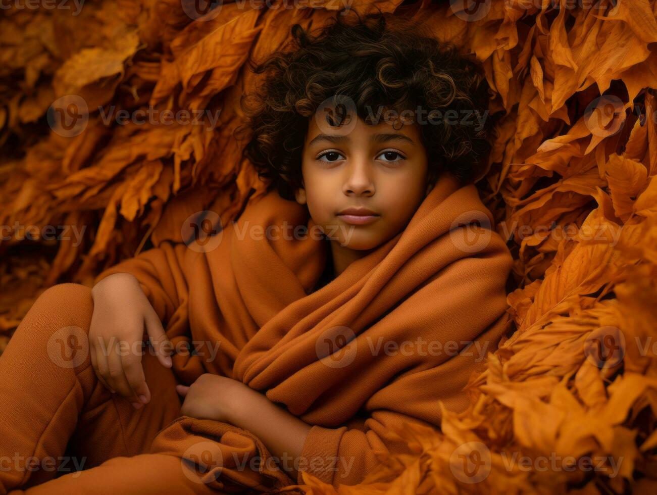 indiano ragazzo nel giocoso emotivo dinamico posa su autunno sfondo ai generativo foto