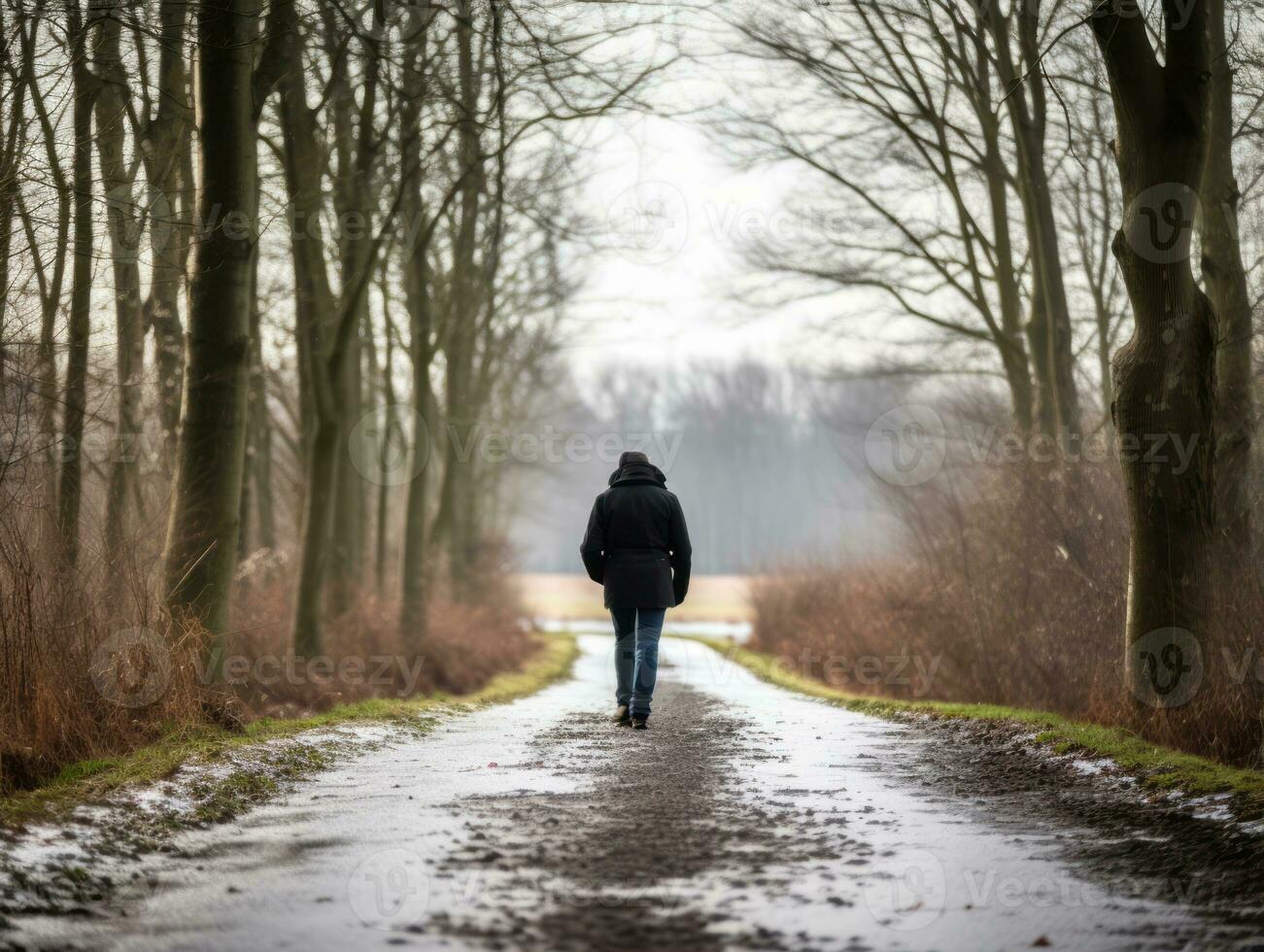 uomo gode un' senza fretta camminare su un' inverno giorno ai generativo foto