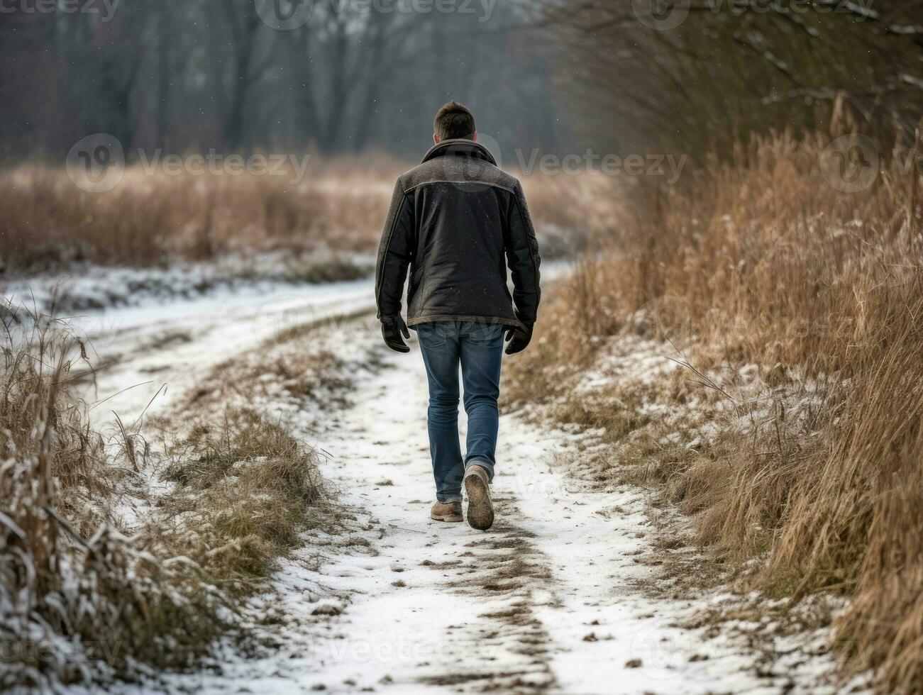 uomo gode un' senza fretta camminare su un' inverno giorno ai generativo foto