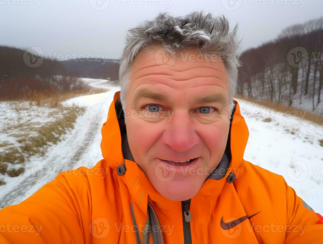 uomo gode un' senza fretta camminare su un' inverno giorno ai generativo foto