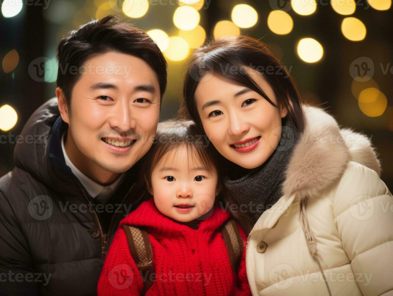 asiatico famiglia gode festeggiare Natale vigilia insieme ai generativo foto