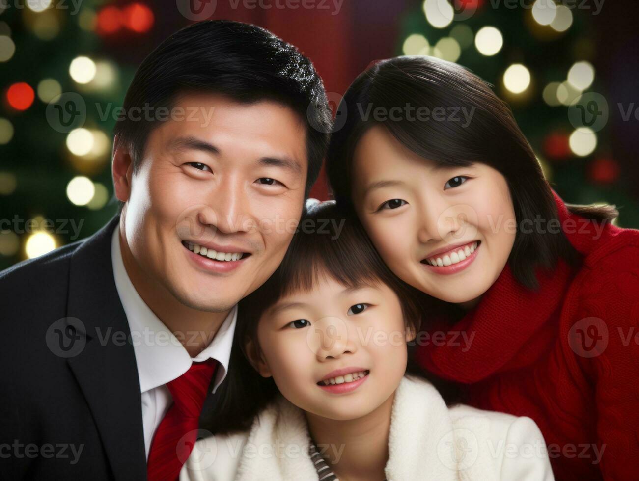 asiatico famiglia gode festeggiare Natale vigilia insieme ai generativo foto