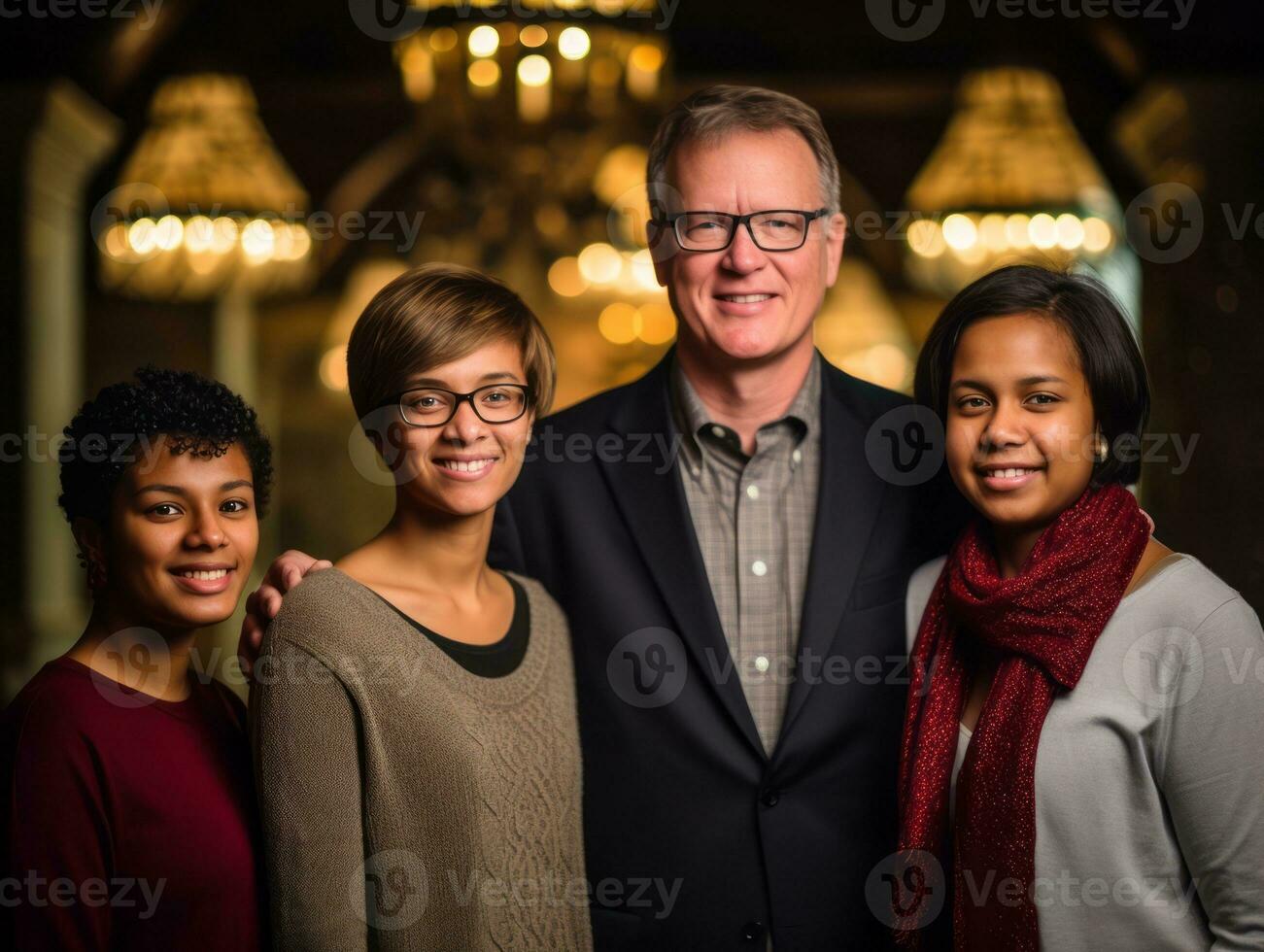 il interrazziale famiglia gode festeggiare Natale vigilia insieme ai generativo foto