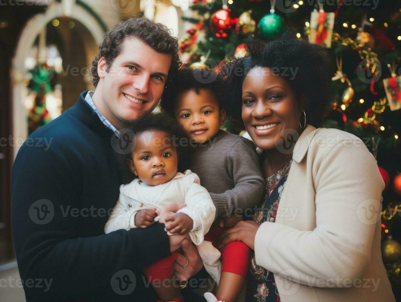 il interrazziale famiglia gode festeggiare Natale vigilia insieme ai generativo foto