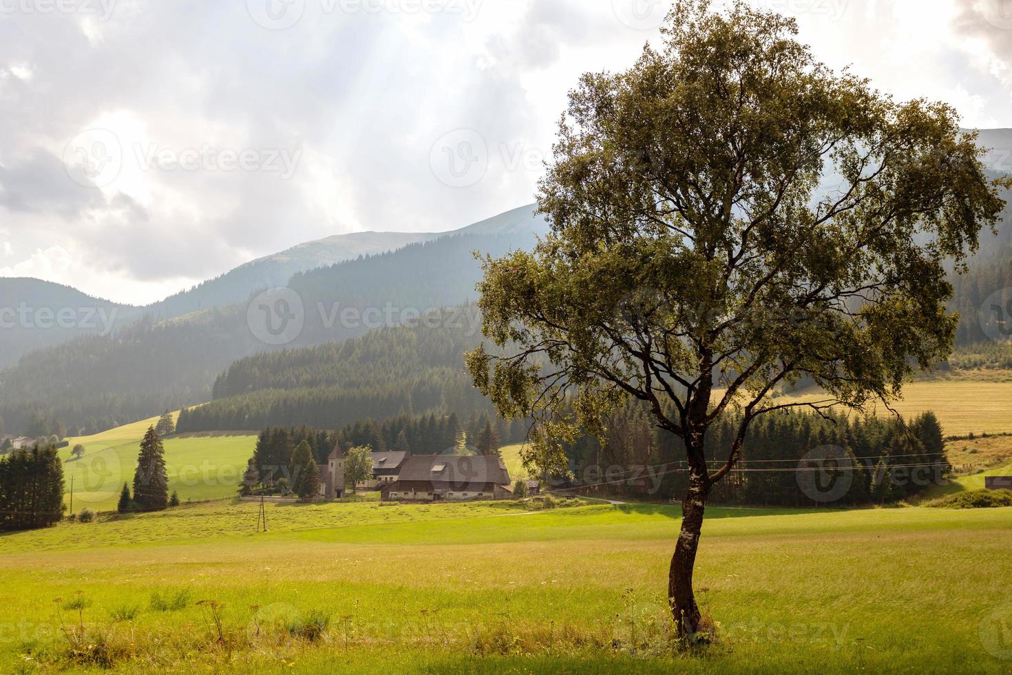 un tipico paesino austriaco ai piedi delle montagne alpine. foto