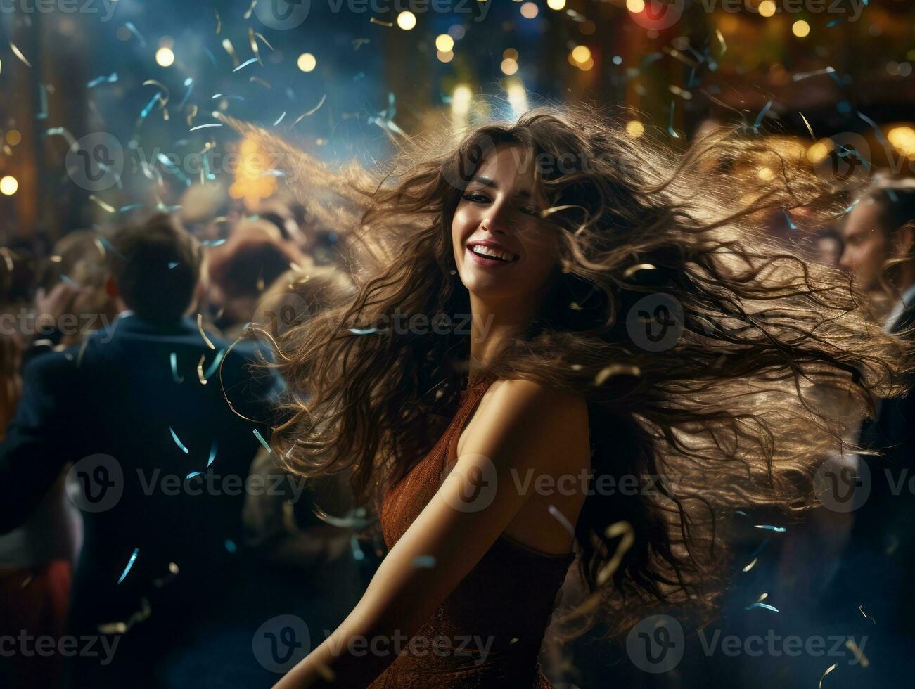 donna frequentando un' nuovo anno vigilia festa nel un elegante toga ai generativo foto