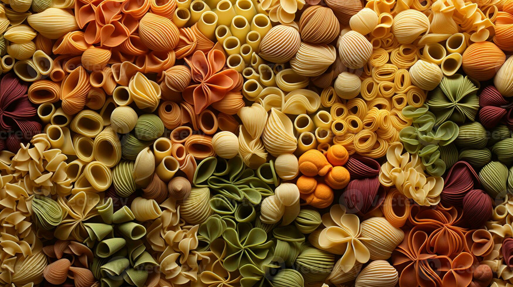 generativo ai, varietà di tipi, colori e forme di italiano pasta, struttura sfondo foto