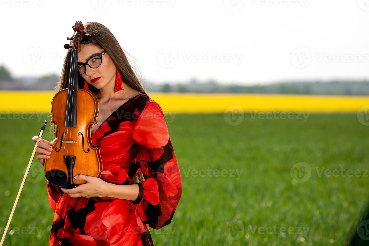 giovane donna in abito rosso con violino in un prato verde - immagine foto