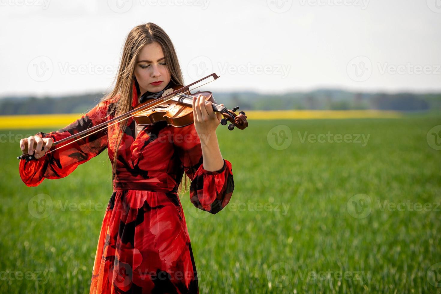 giovane donna in abito rosso suona il violino in un prato verde - immagine foto