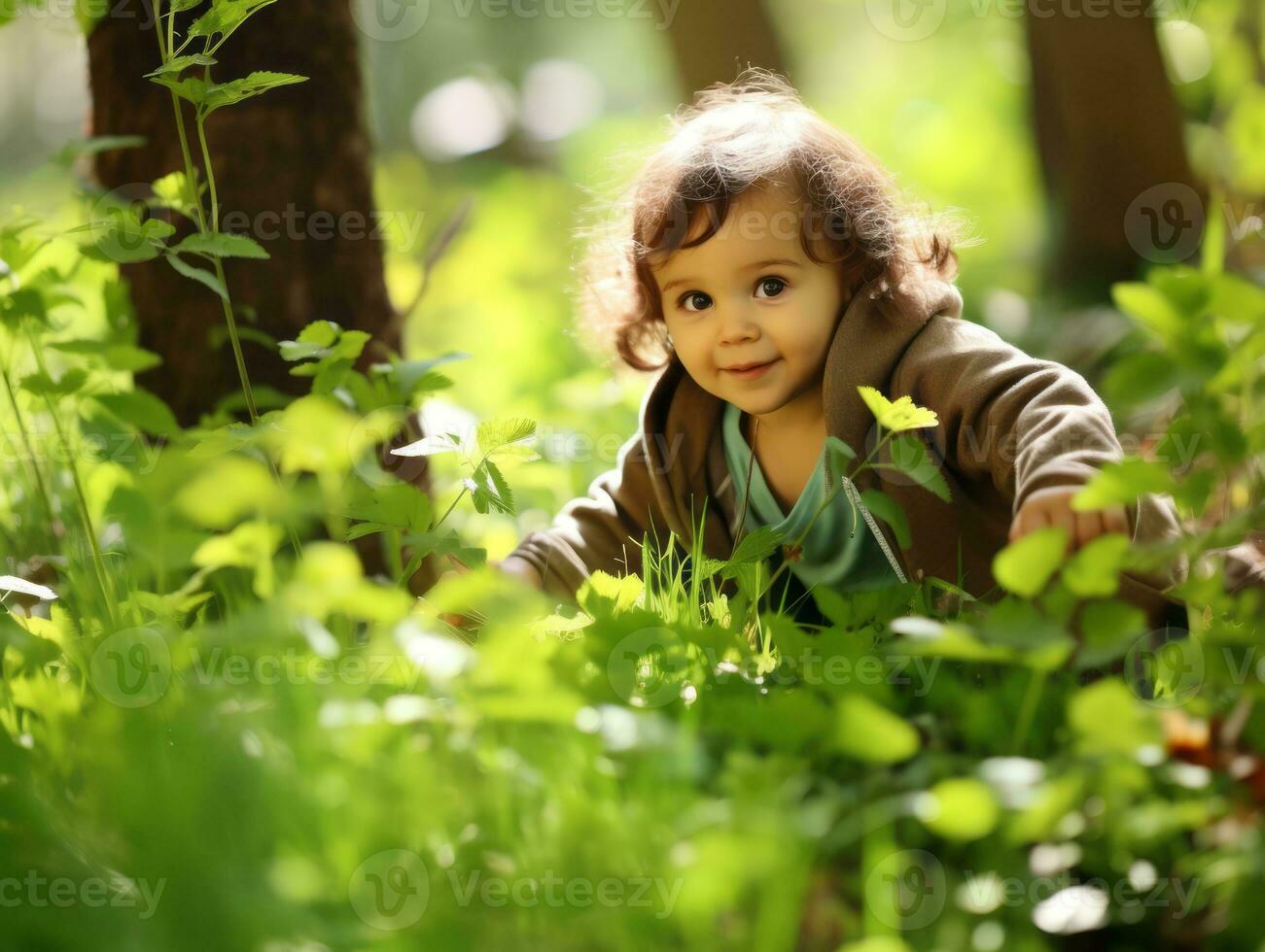 adorabile bambino esplorando il natura ai generativo foto