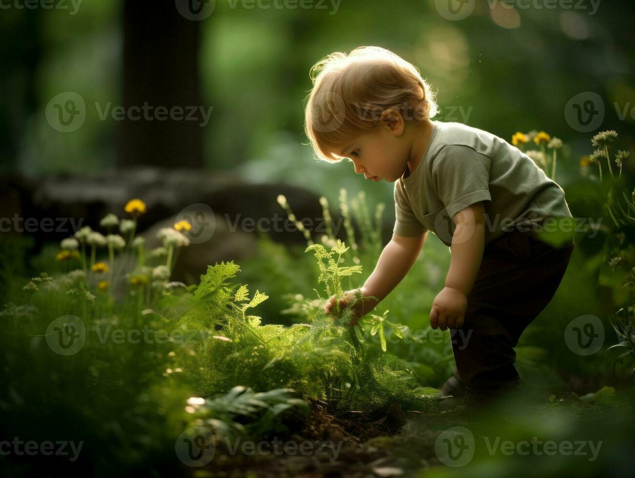 adorabile bambino esplorando il natura ai generativo foto