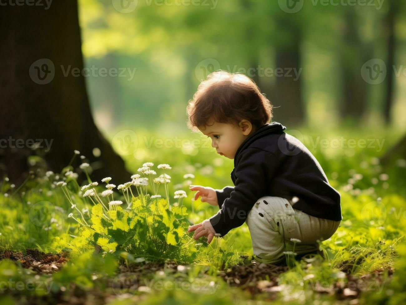 adorabile bambino esplorando il natura ai generativo foto