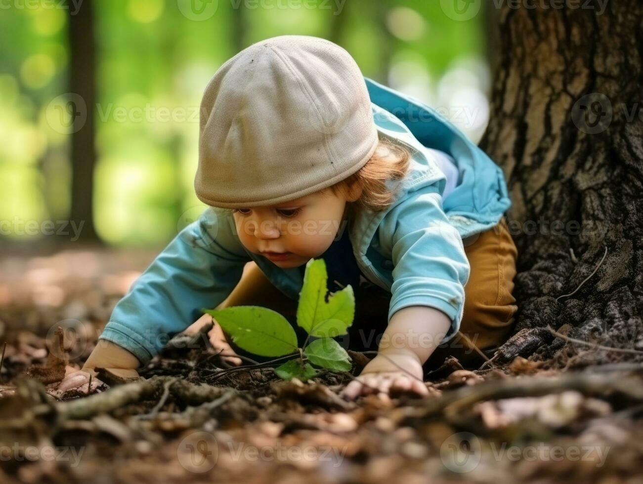 adorabile bambino esplorando il natura ai generativo foto