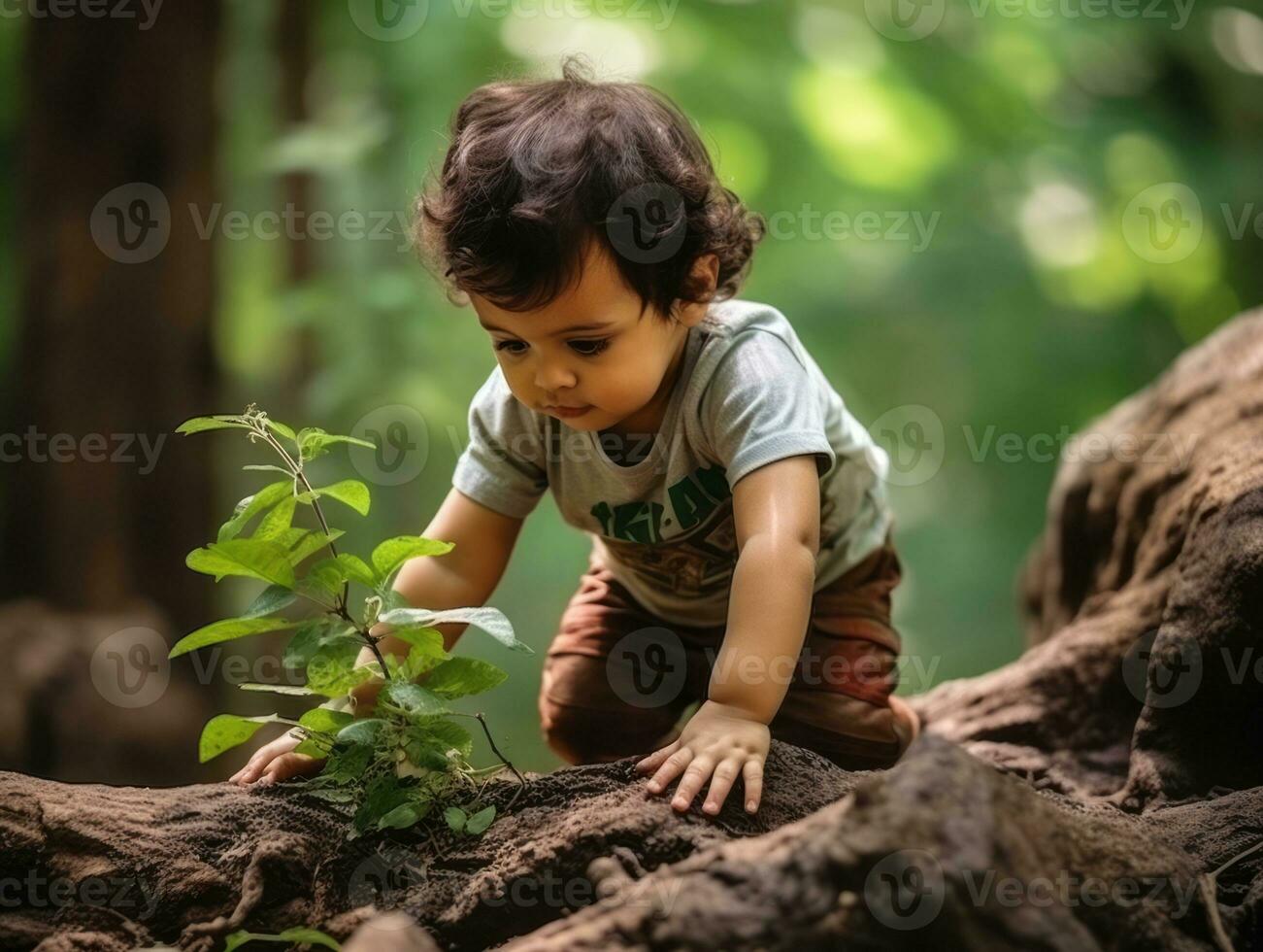 adorabile bambino esplorando il natura ai generativo foto