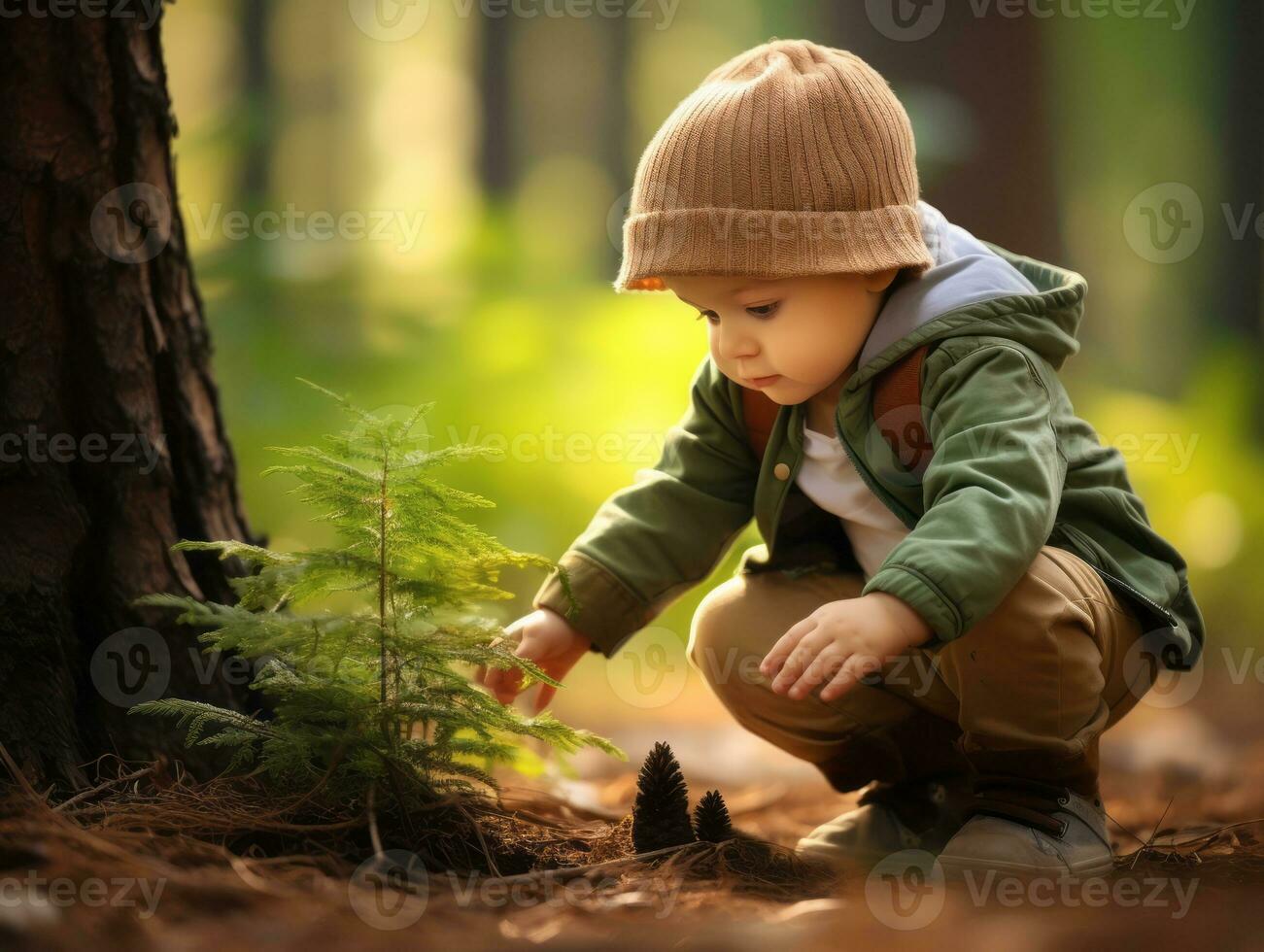 adorabile bambino esplorando il natura ai generativo foto