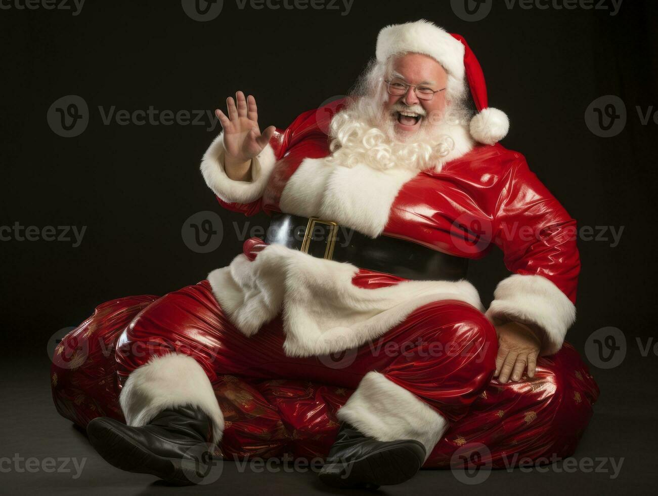 uomo vestito come Santa Claus nel giocoso posa su solido sfondo ai generativo foto