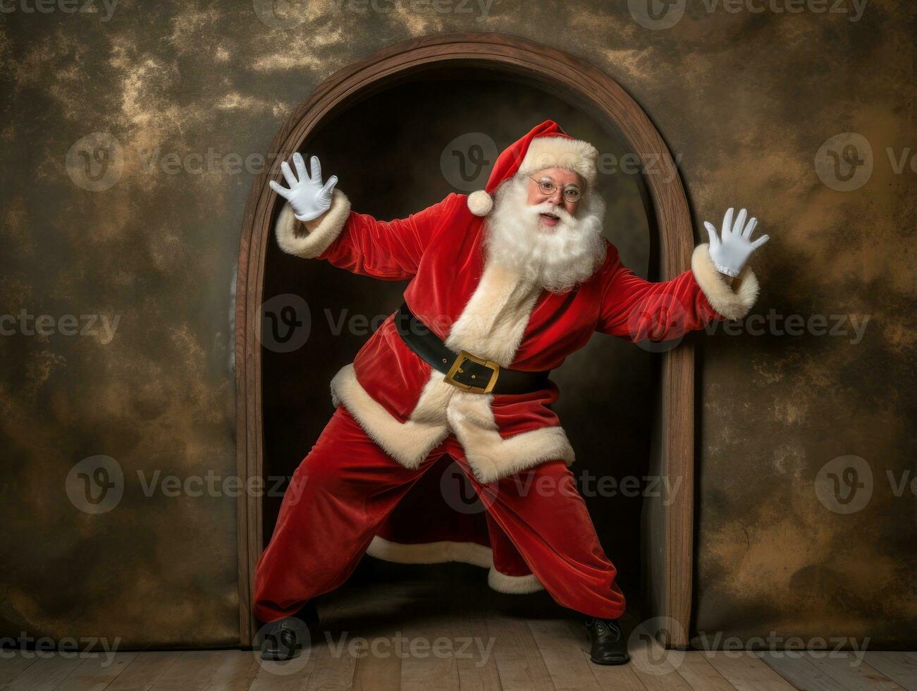 uomo vestito come Santa Claus nel giocoso posa su solido sfondo ai generativo foto