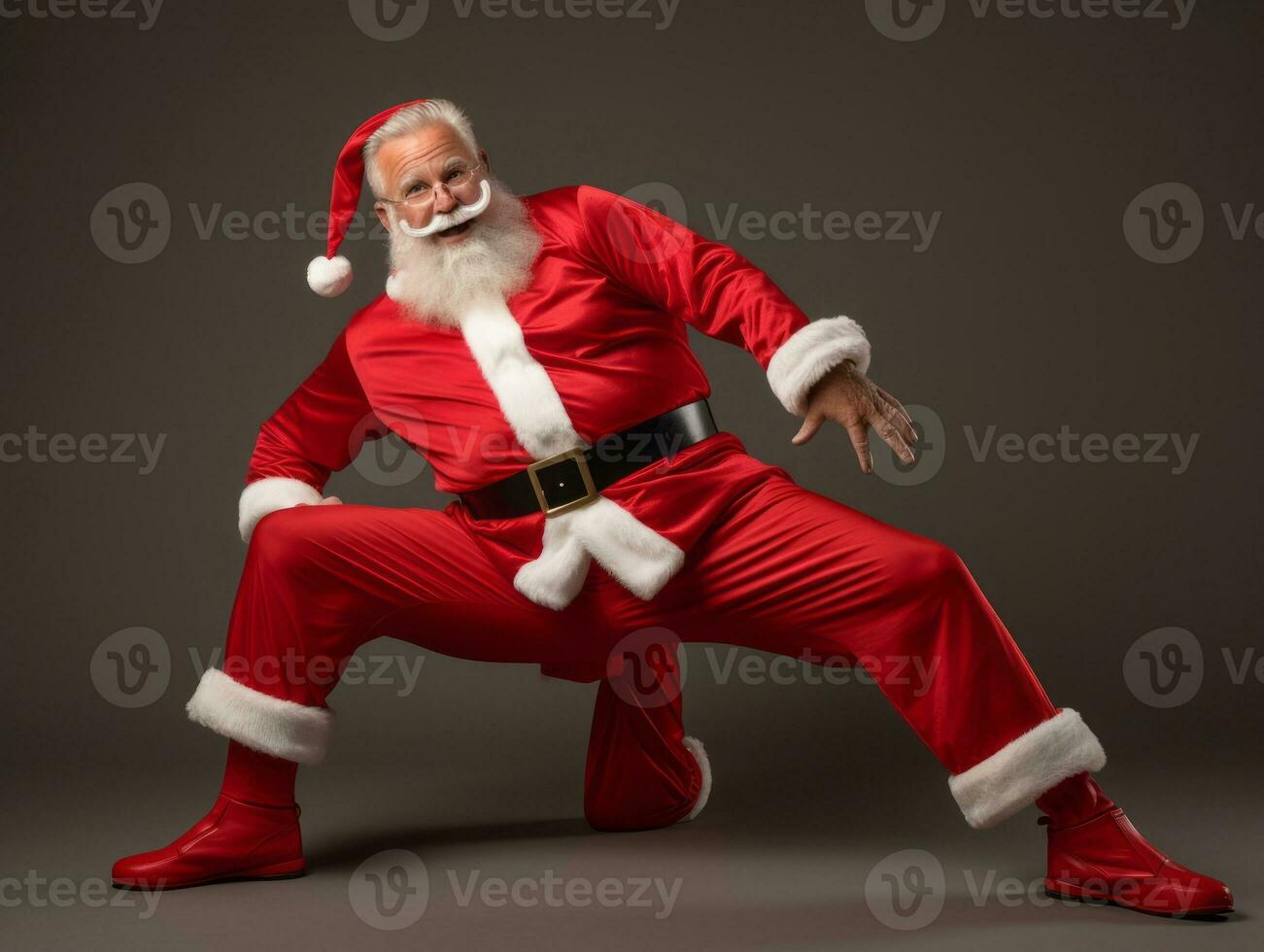 uomo vestito come Santa Claus nel giocoso posa su solido sfondo ai generativo foto