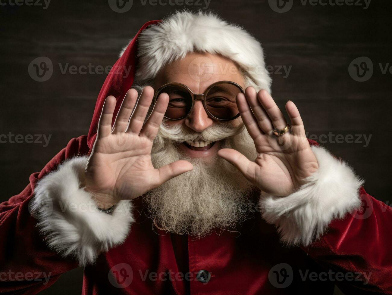 uomo vestito come Santa Claus nel giocoso posa su solido sfondo ai generativo foto