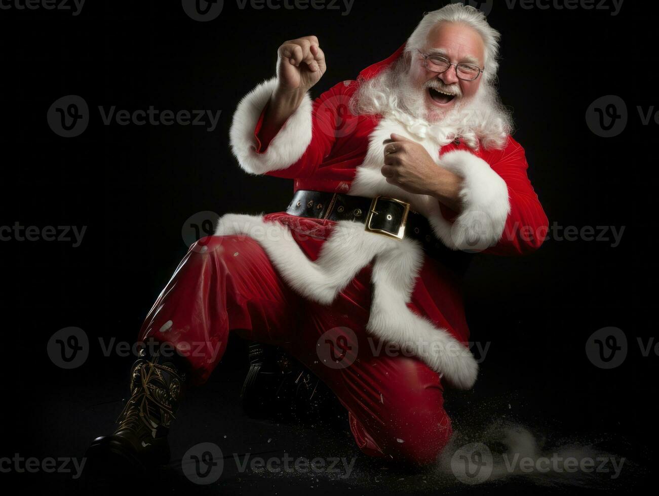 uomo vestito come Santa Claus nel giocoso posa su solido sfondo ai generativo foto