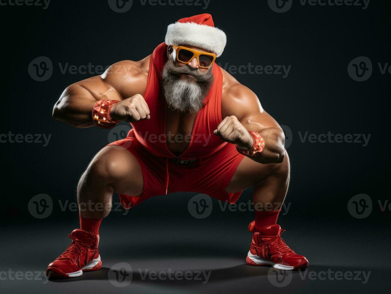 uomo vestito come Santa Claus nel giocoso posa su solido sfondo ai generativo foto