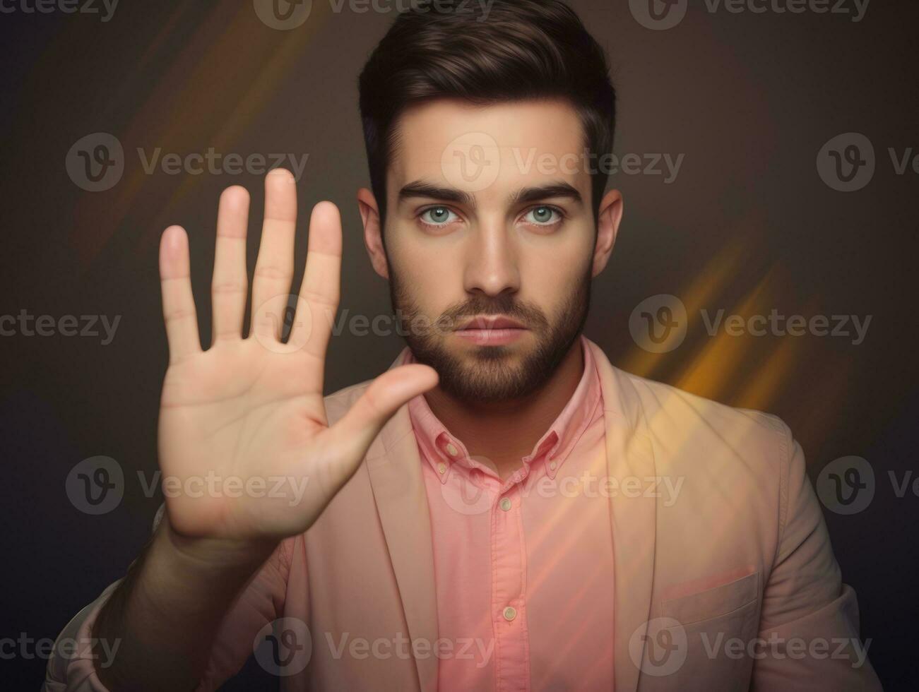 giovane bello uomo emotivo gesti su solido sfondo ai generativo foto