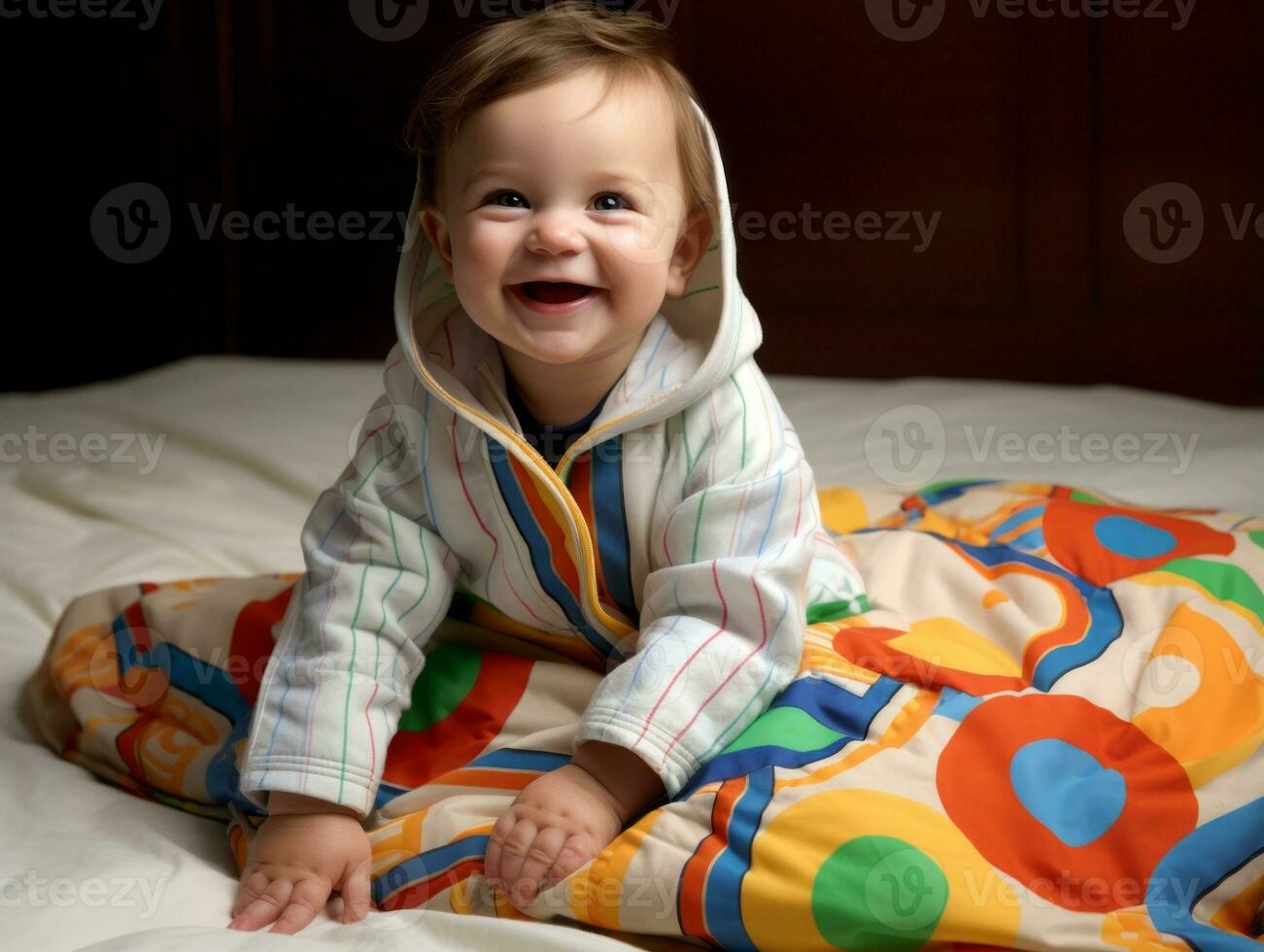 adorabile bambino con vivace capi di abbigliamento nel un' giocoso posa ai generativo foto