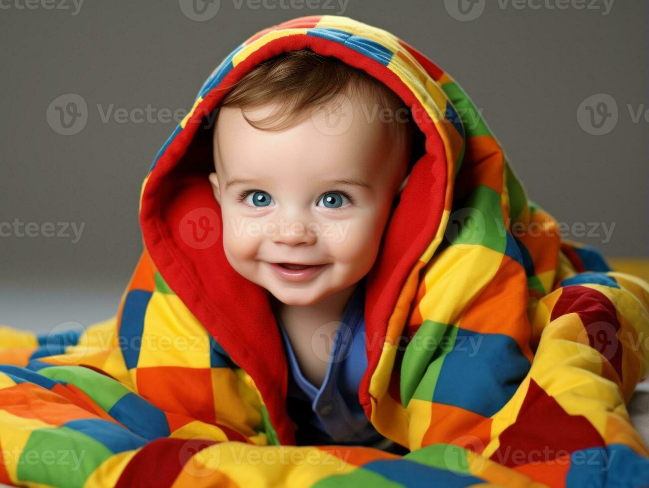 adorabile bambino con vivace capi di abbigliamento nel un' giocoso posa ai generativo foto