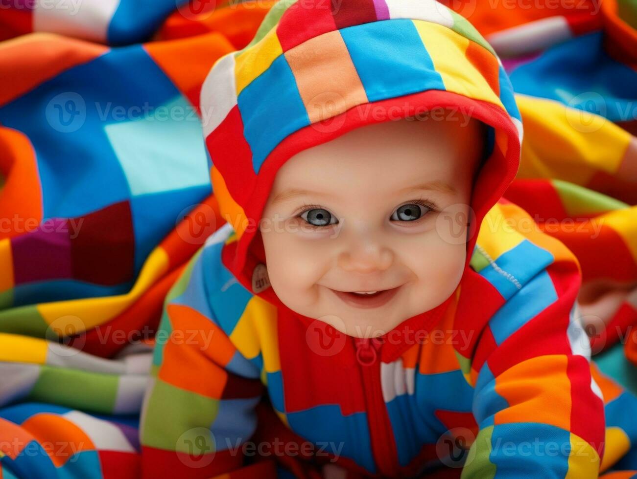 adorabile bambino con vivace capi di abbigliamento nel un' giocoso posa ai generativo foto