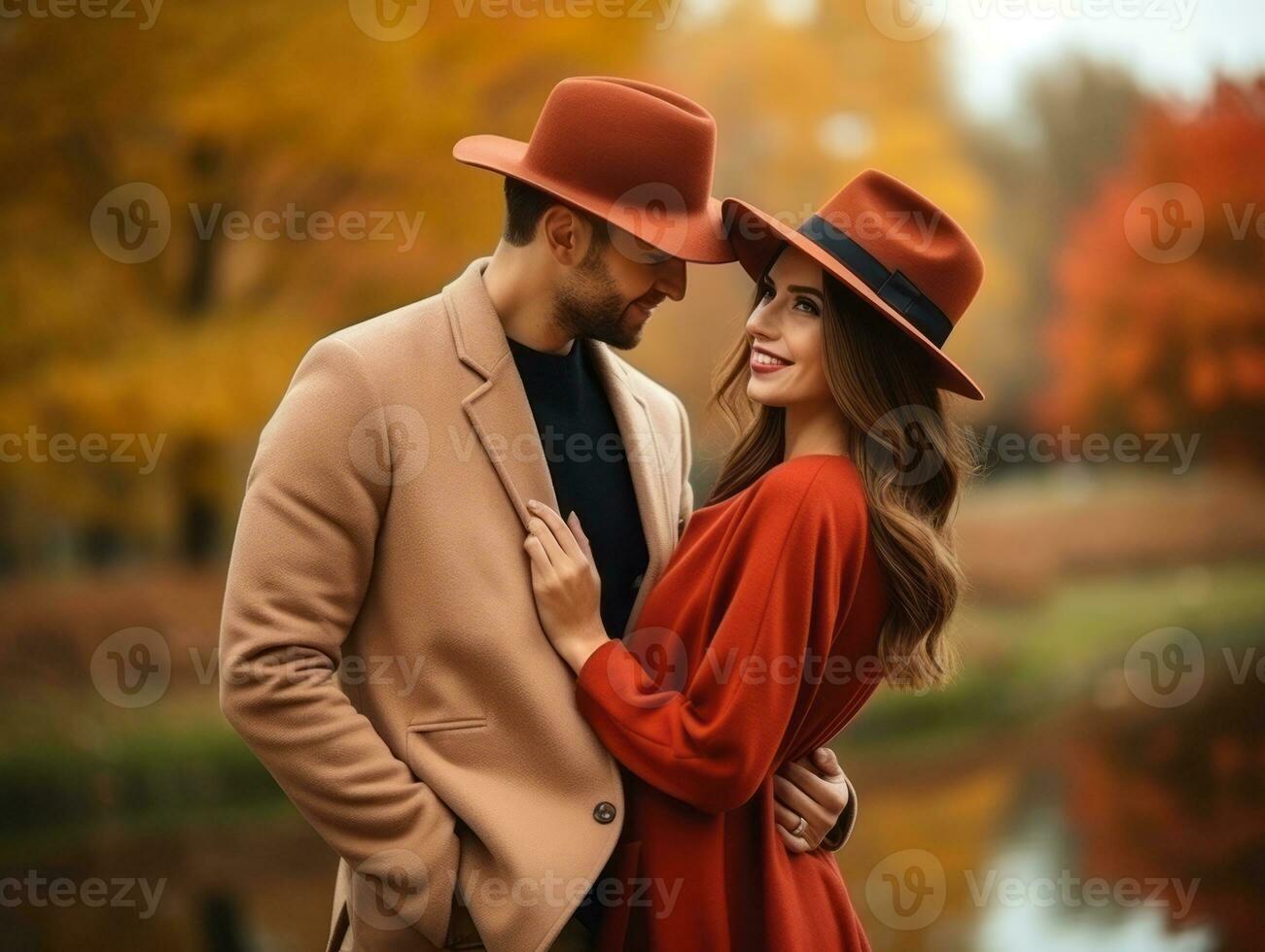 amorevole coppia è godendo un' romantico autunno giorno ai generativo foto