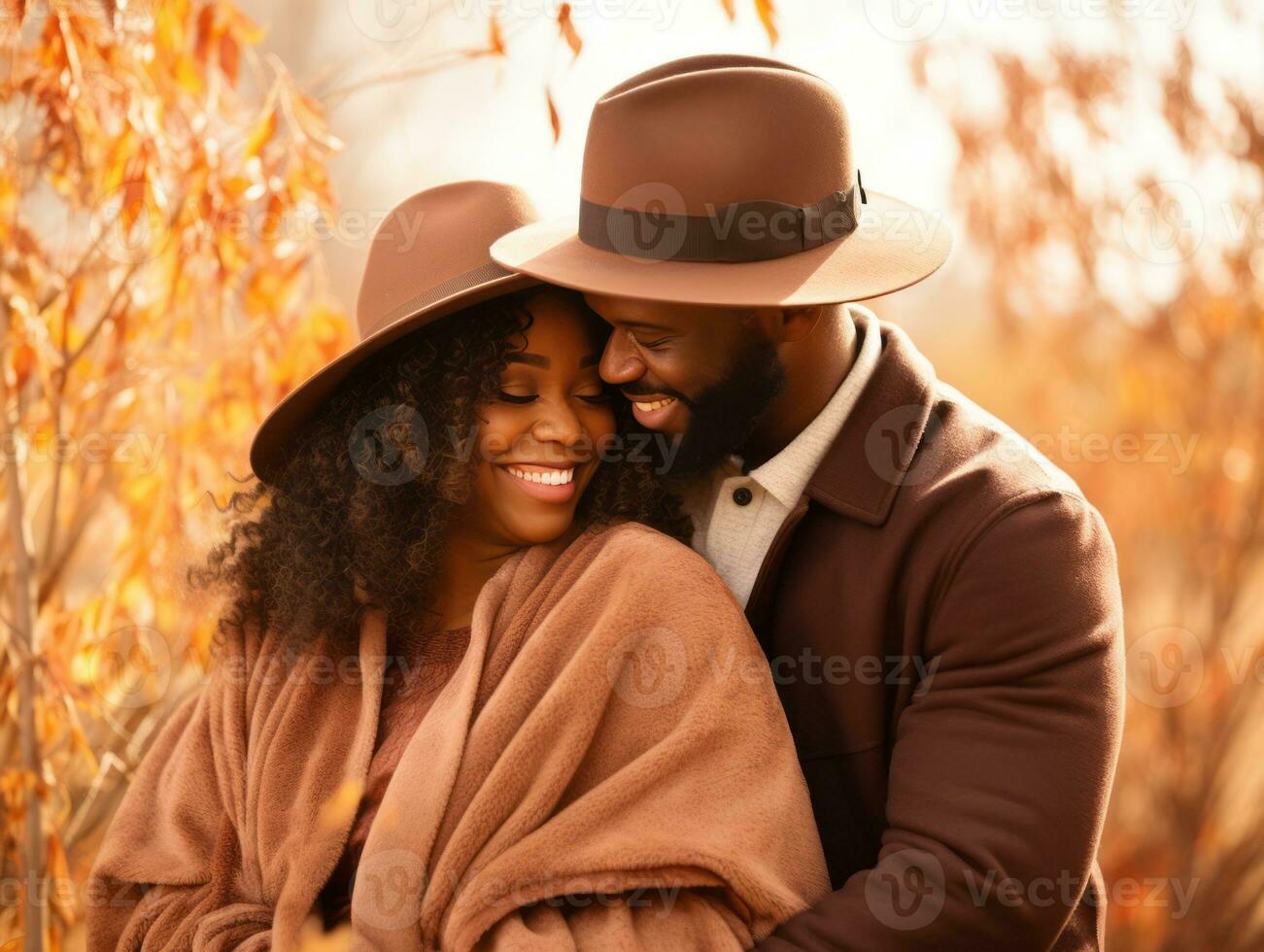 amorevole africano americano coppia è godendo un' romantico autunno giorno ai generativo foto