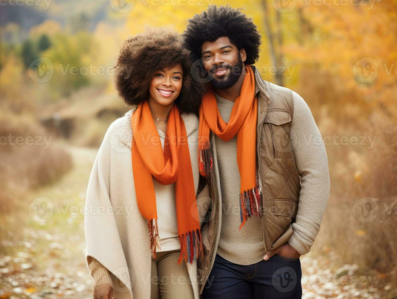 amorevole africano americano coppia è godendo un' romantico autunno giorno ai generativo foto
