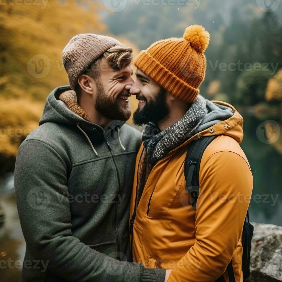 amorevole omosessuale coppia è godendo un' romantico autunno giorno ai generativo foto