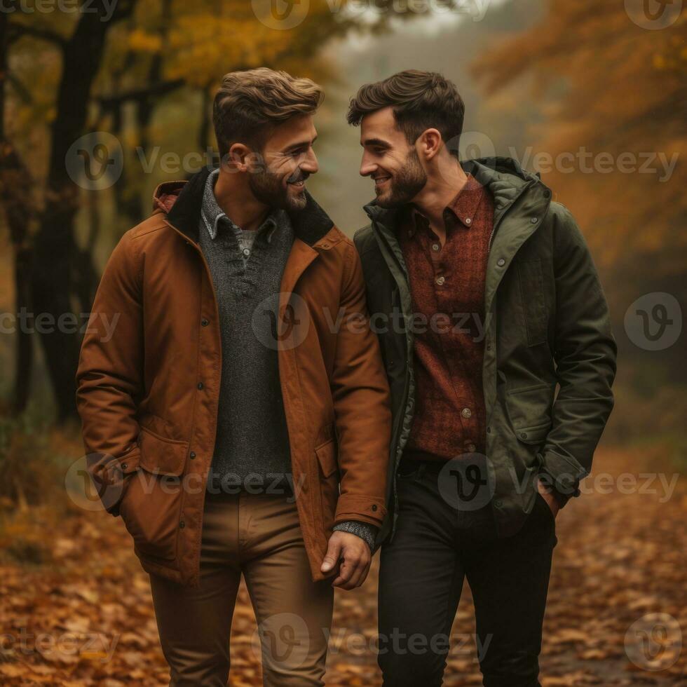 amorevole omosessuale coppia è godendo un' romantico autunno giorno ai generativo foto