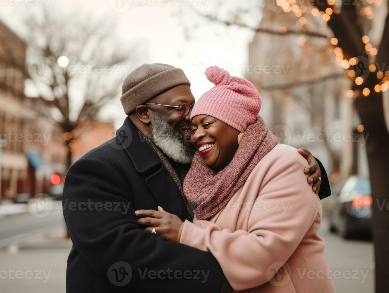 amorevole vecchio africano americano coppia è godendo un' romantico inverno giorno ai generativo foto