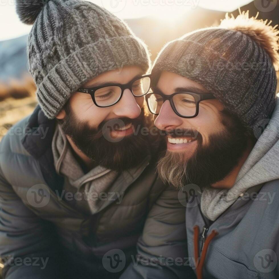 amorevole omosessuale coppia è godendo un' romantico inverno giorno ai generativo foto
