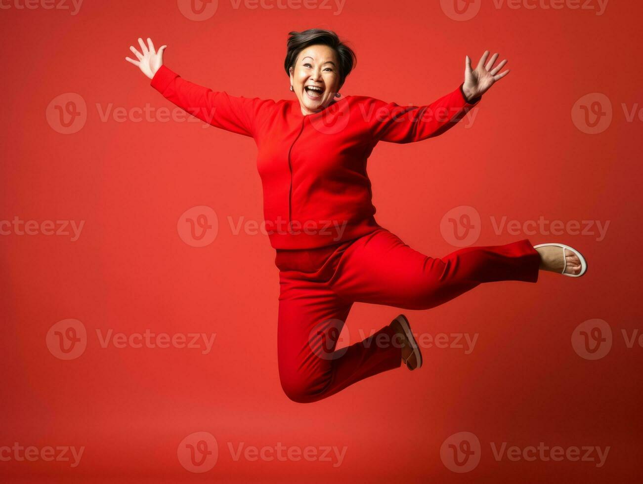 40 anno vecchio asiatico donna nel emotivo dinamico posa su solido sfondo ai generativo foto