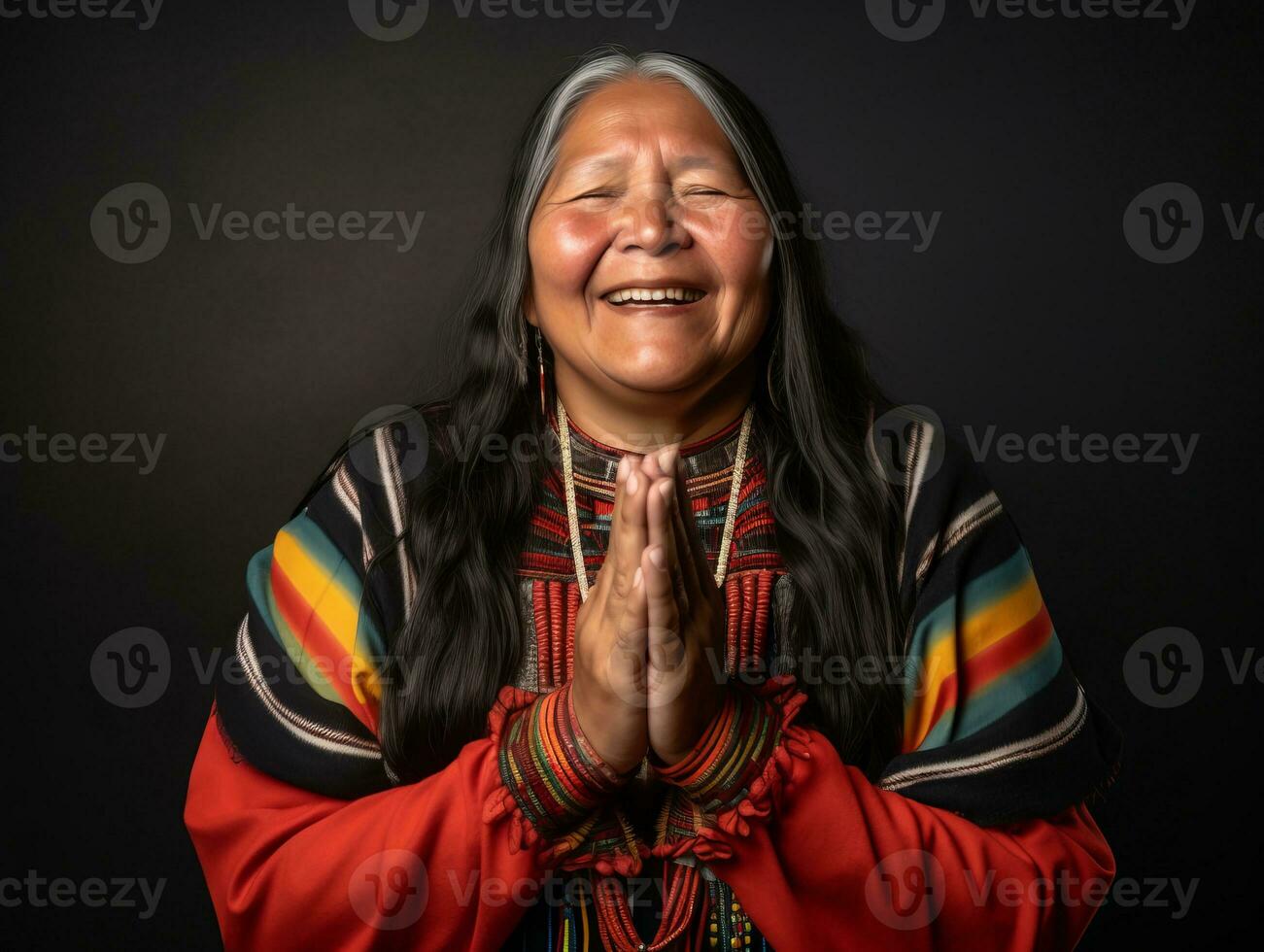 50 anno vecchio messicano donna nel emotivo dinamico posa su solido sfondo ai generativo foto