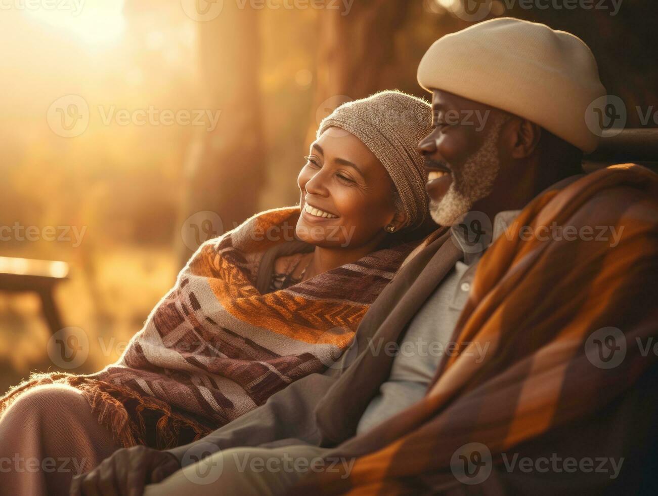 amorevole vecchio africano americano coppia è godendo un' romantico autunno giorno ai generativo foto