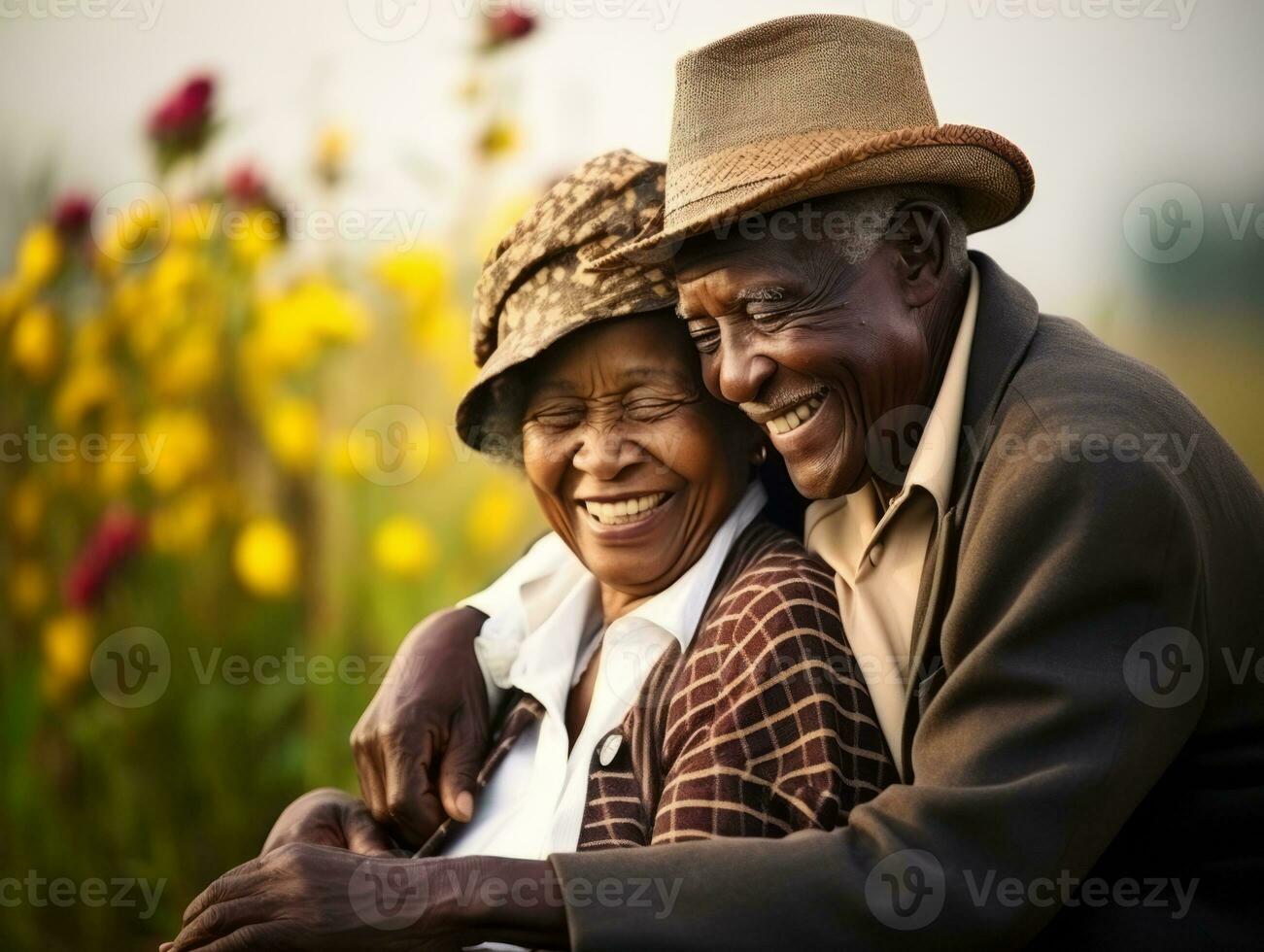 amorevole vecchio africano americano coppia è godendo un' romantico autunno giorno ai generativo foto