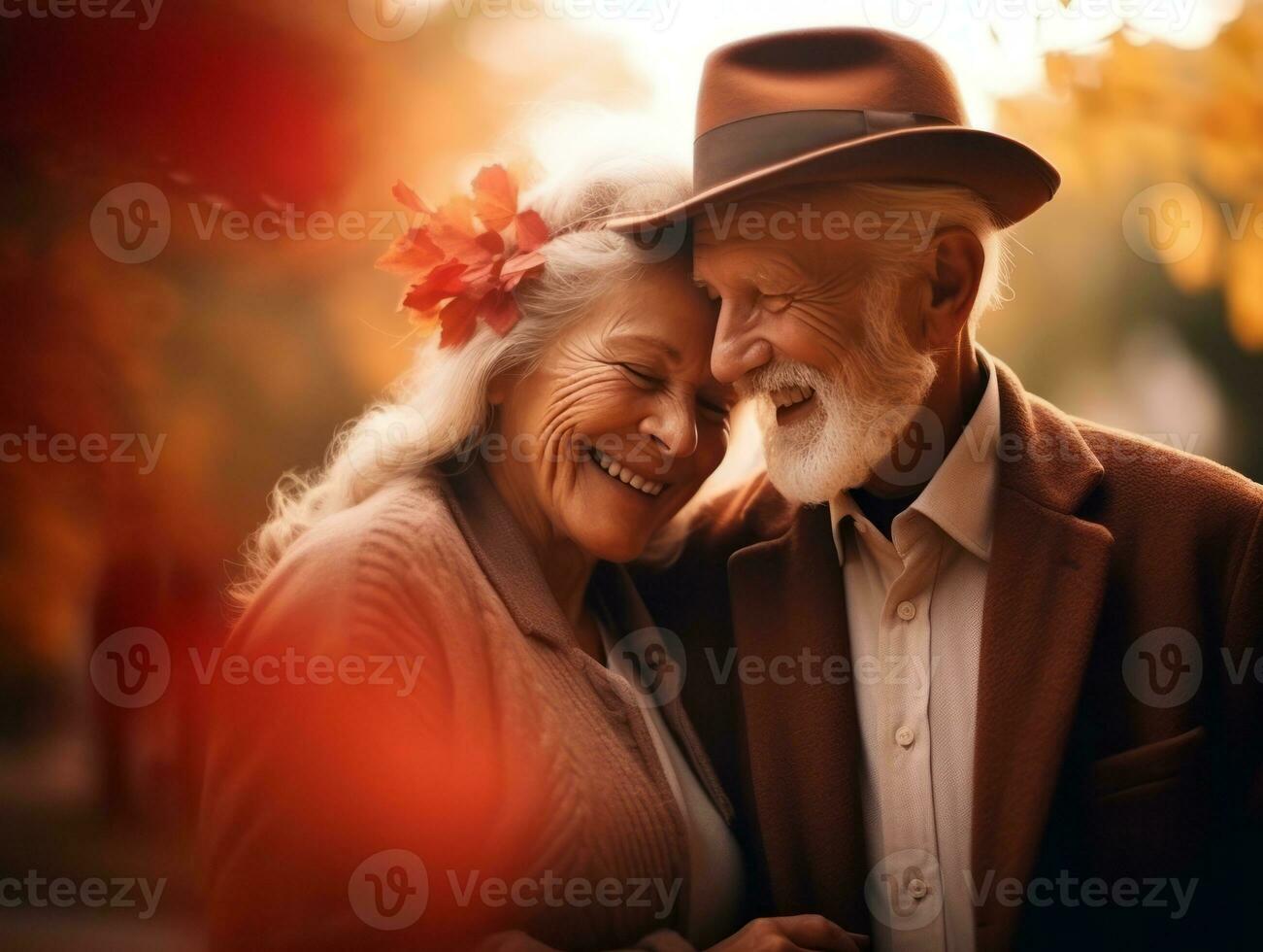 amorevole vecchio coppia è godendo un' romantico autunno giorno ai generativo foto