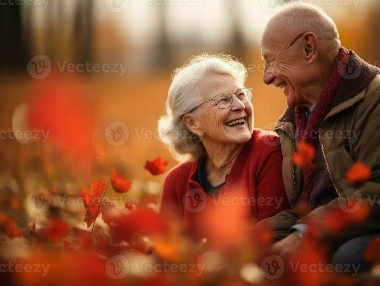 amorevole vecchio coppia è godendo un' romantico autunno giorno ai generativo foto