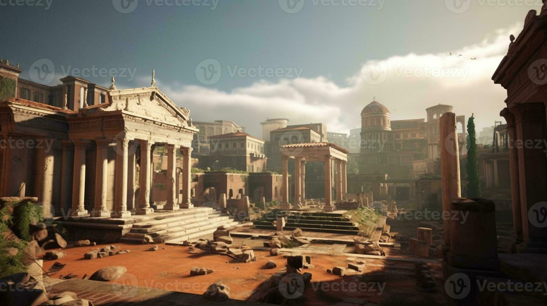 generativo ai, italiano antico strutture con colonne e archi, romano cittadina, architettonico punto di riferimento foto