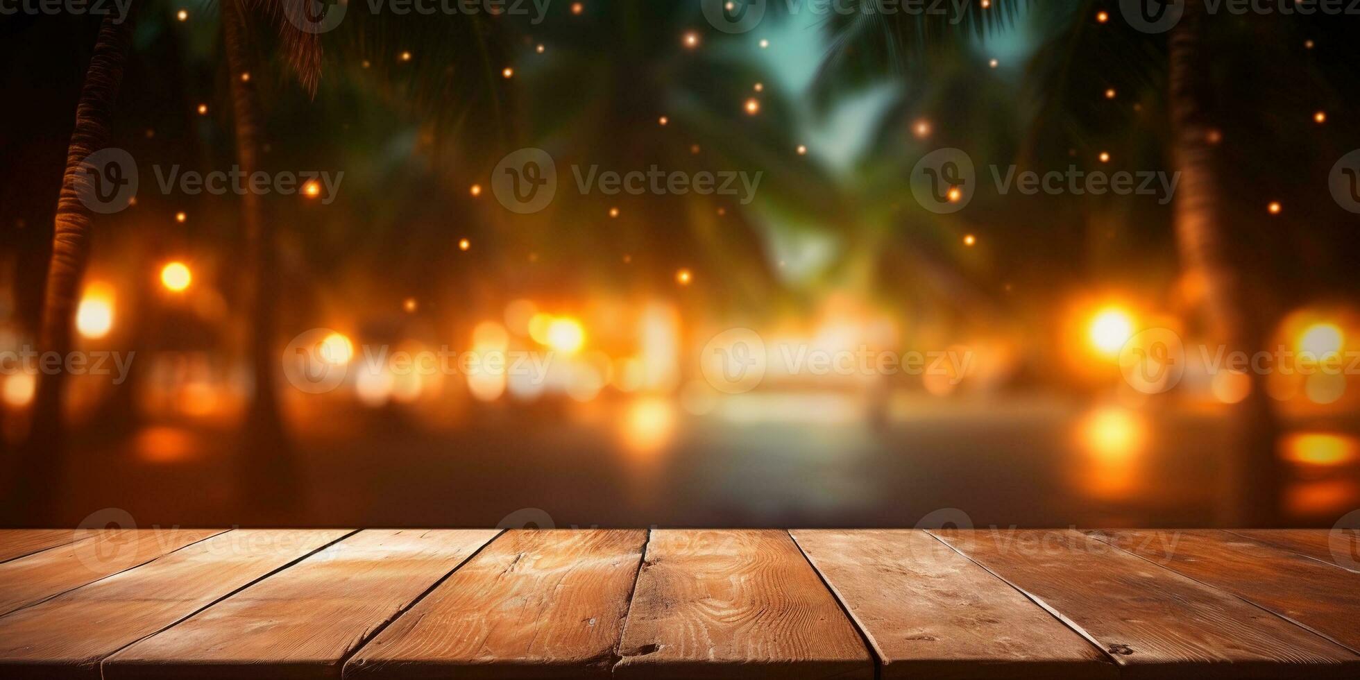 generativo ai, tropicale estate tramonto spiaggia bar sfondo. di legno tavolo superiore Prodotto Schermo vetrina vuoto palcoscenico. foto